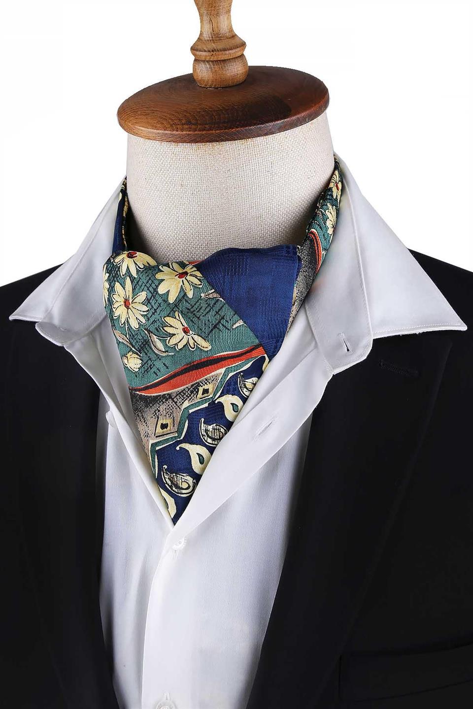 Mavi - Yeşil Motif Desen Erkek Ascot Fular K646