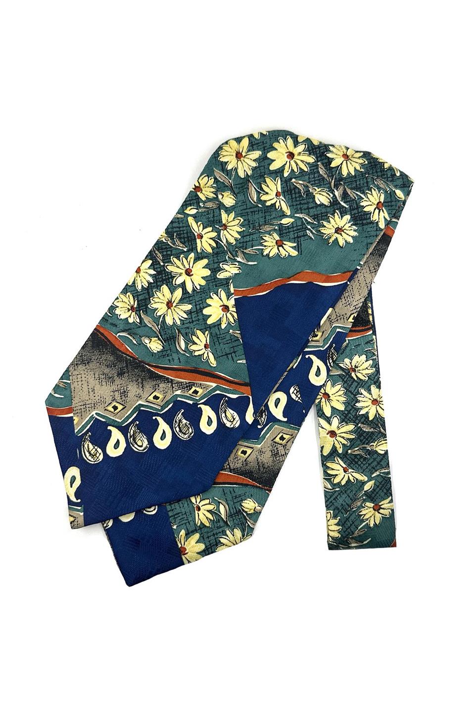 Mavi - Yeşil Motif Desen Erkek Ascot Fular K646