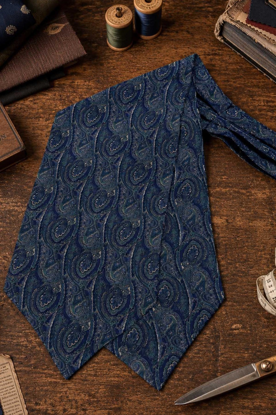 Mavi Yeşil Şal Desen İtalyan İpek Ascot Kravat SAC86