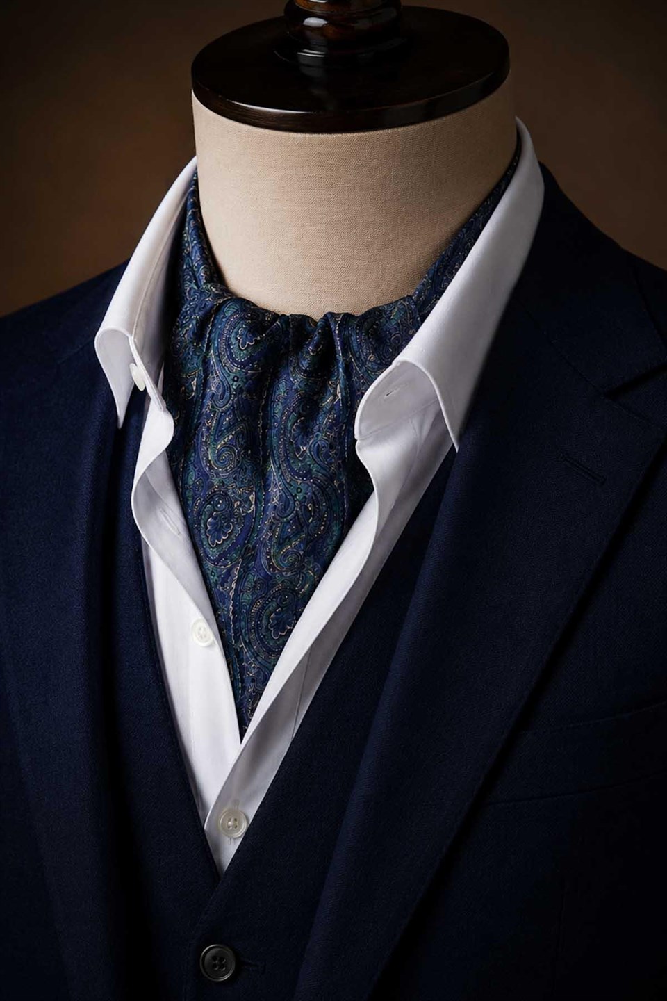 Mavi Yeşil Şal Desen İtalyan İpek Ascot Kravat SAC86