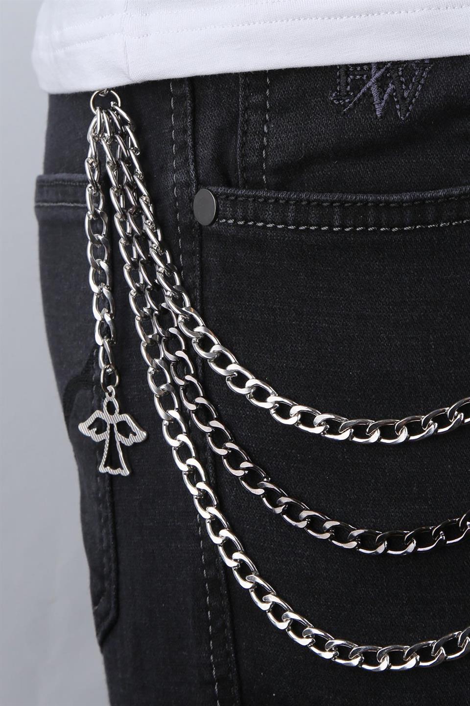 Melek Detaylı Gümüş Füme Üçlü Pantolon Zinciri PZ65