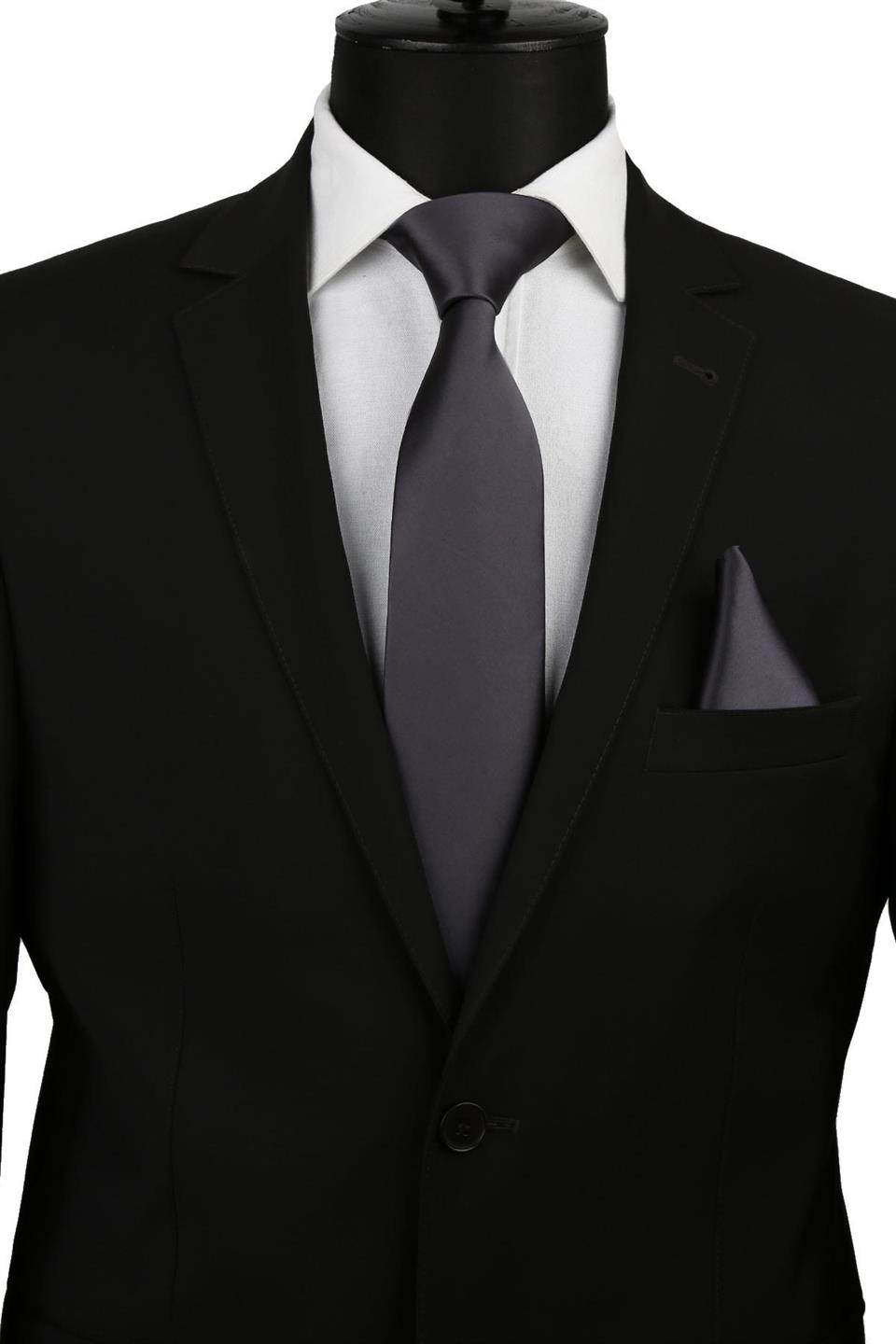 Mendilli Düz Saten Füme Kravat 1110