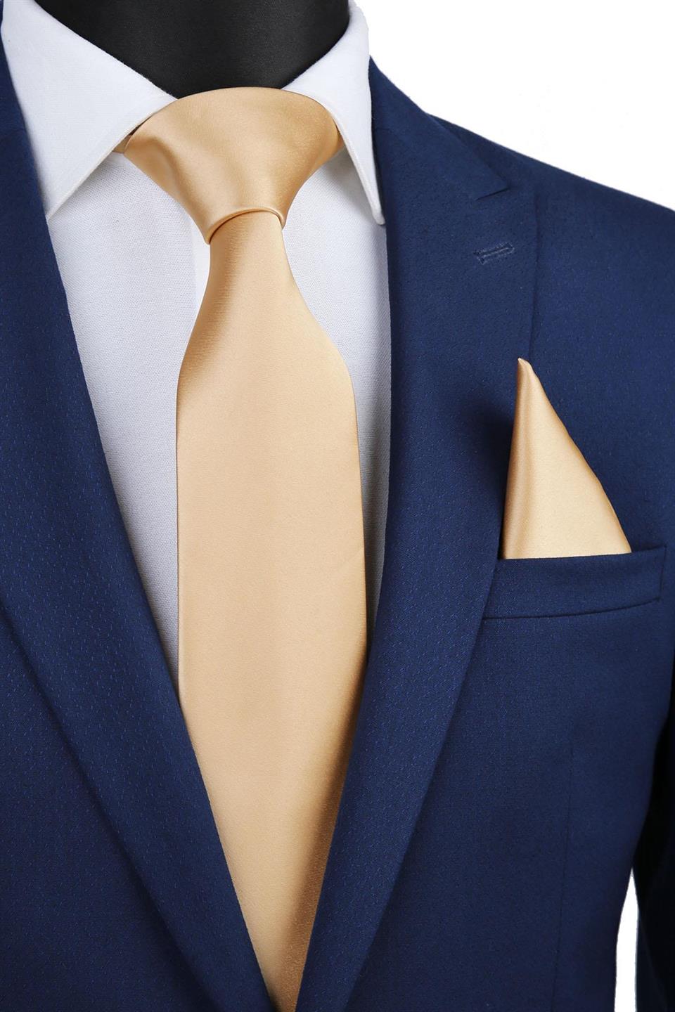 Mendilli Düz Saten Gold Kravat 1119