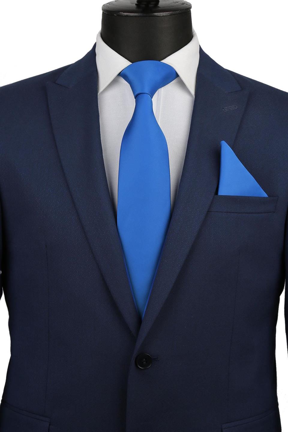 Mendilli Düz Saten Mavi Kravat 1115