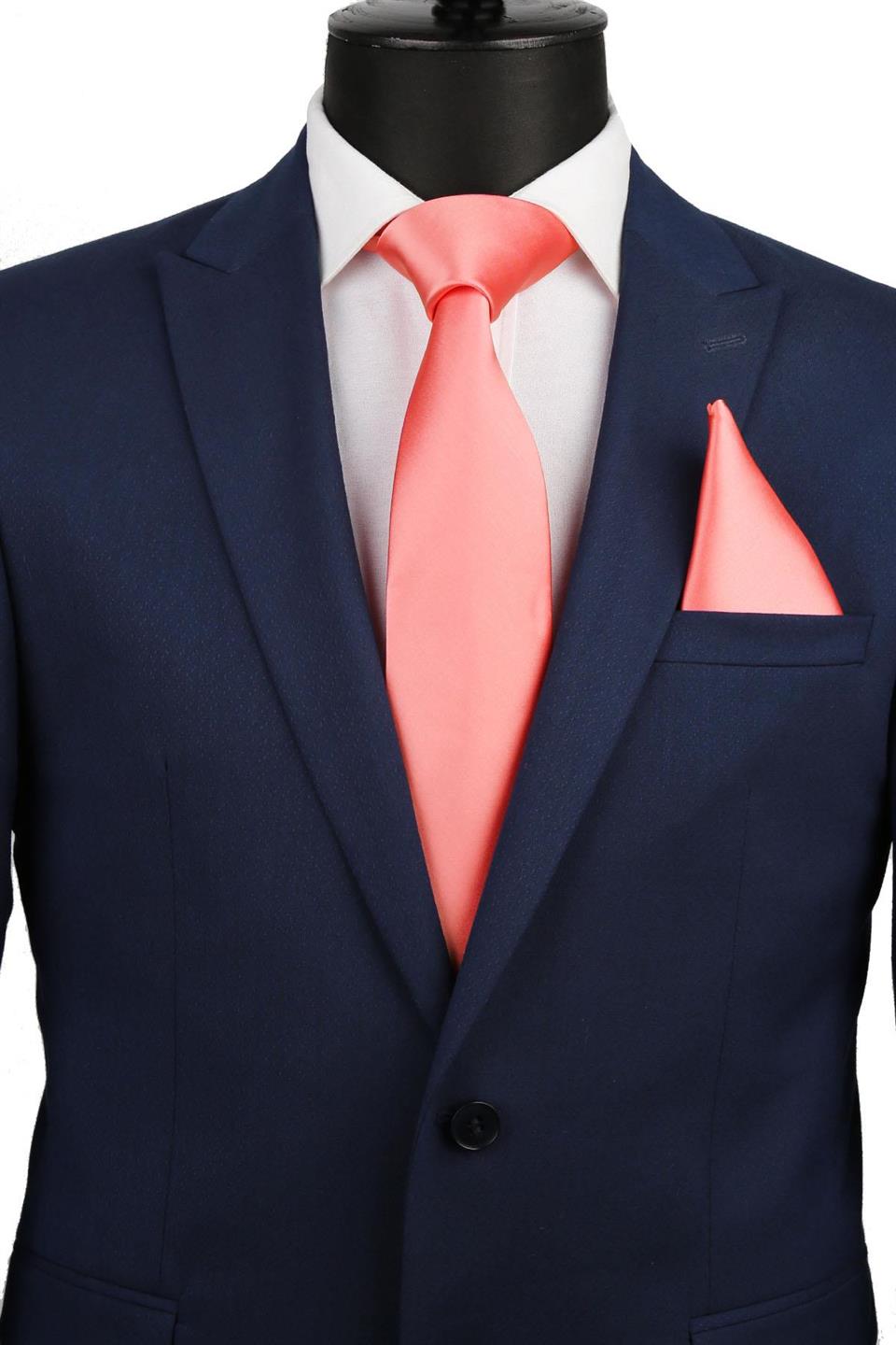 Mercan Mendilli Düz Saten Kravat 1112