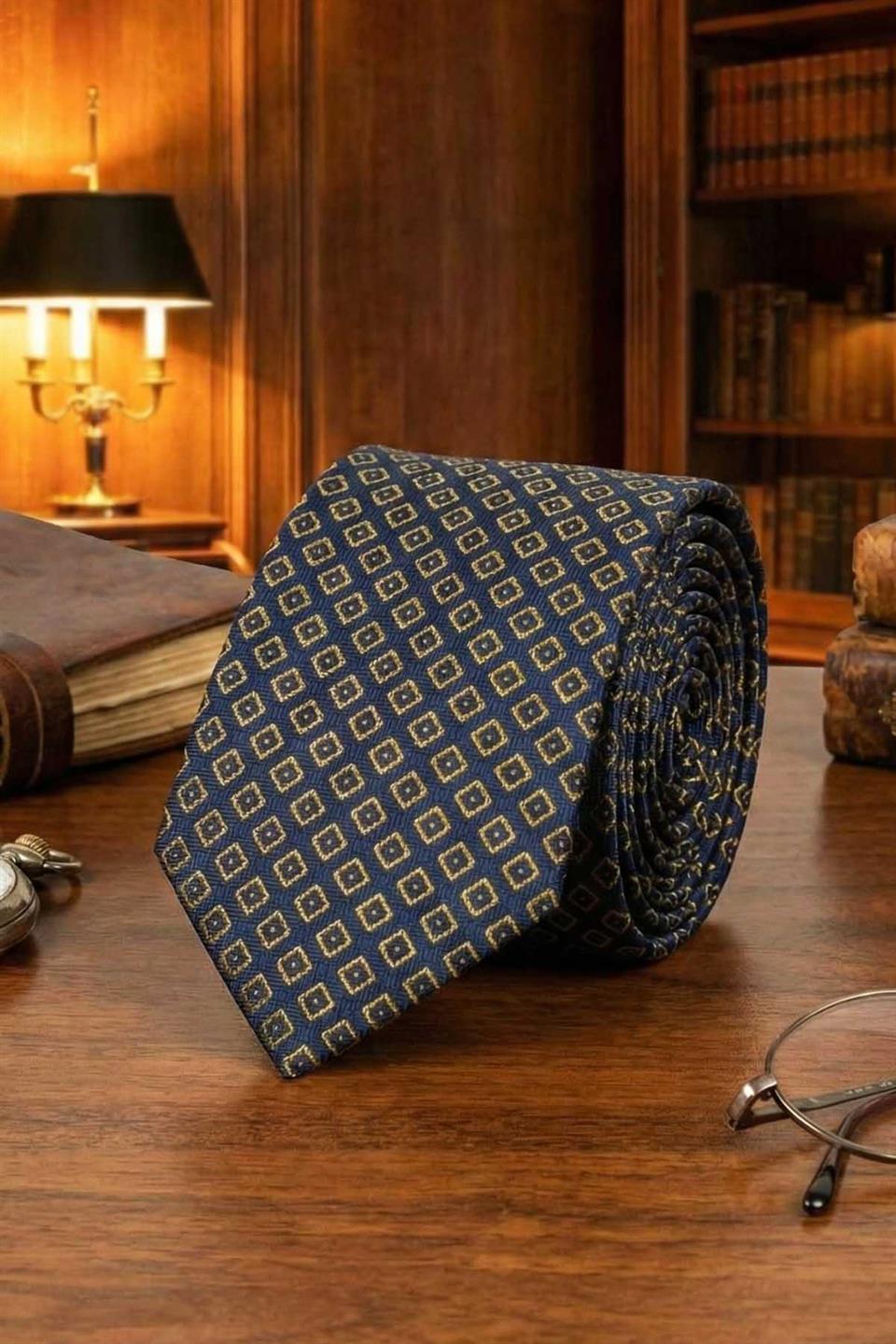 Migliegla Style Lacivert Motif Desen İtalyan İpek Kravat İK2234