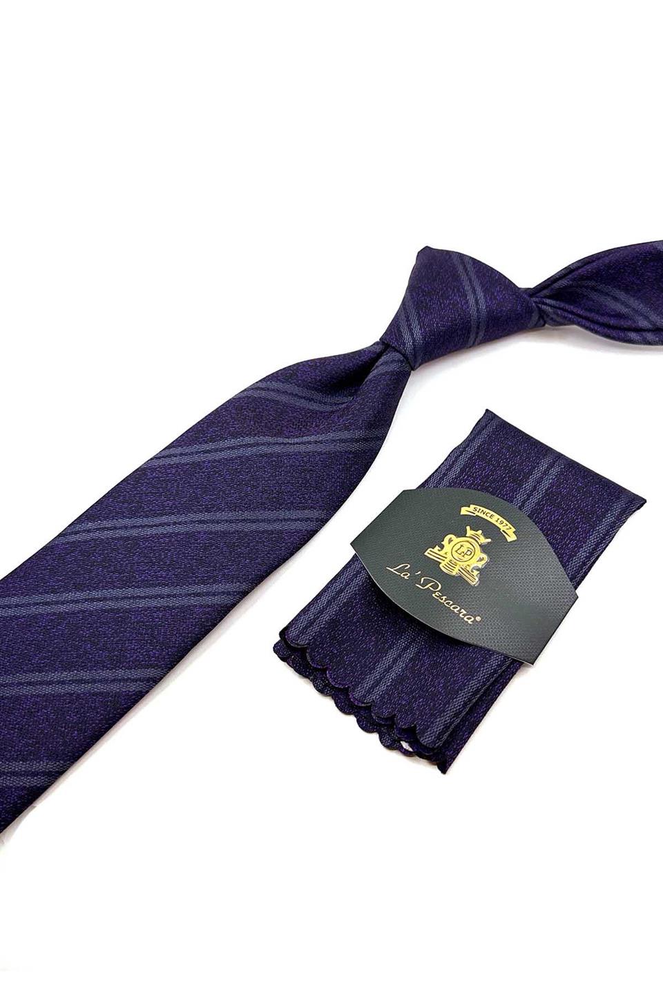 Mor Çizgi Desen Mendilli Klasik Kravat KK12460