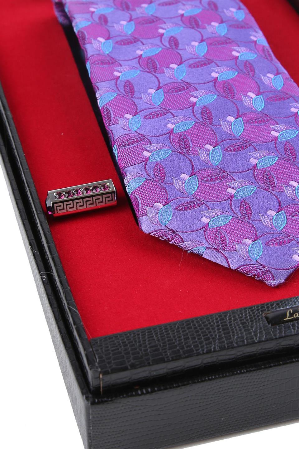 Mor İtalyan İpek Kravat Mendil Kol Düğmesi Sevgililer Günü Hediyesi SKS69