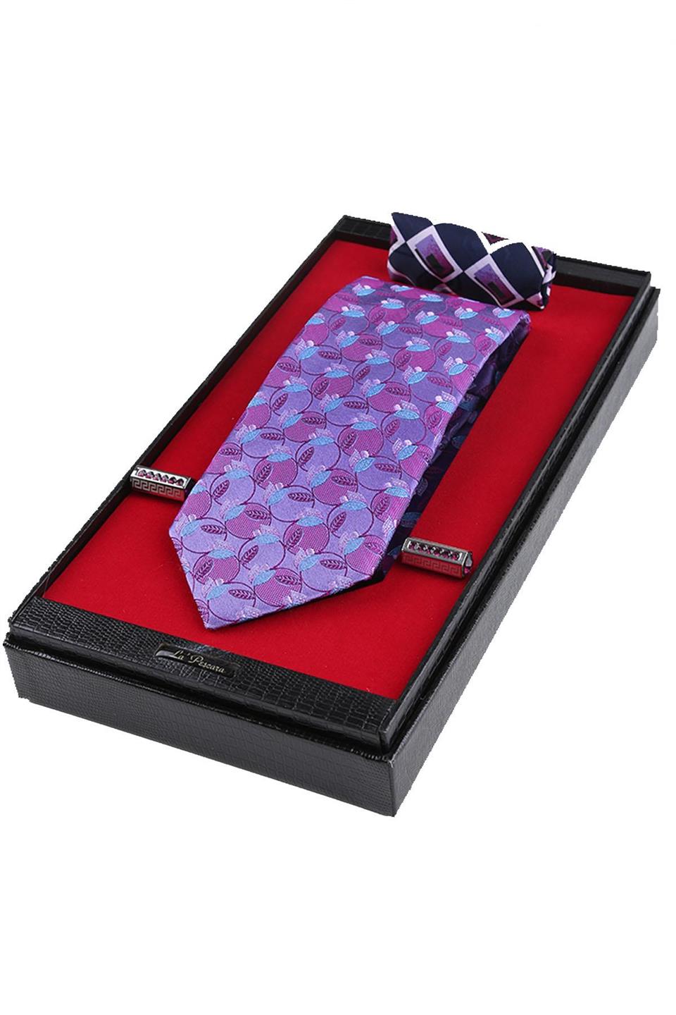 Mor İtalyan İpek Kravat Mendil Kol Düğmesi Sevgililer Günü Hediyesi SKS69