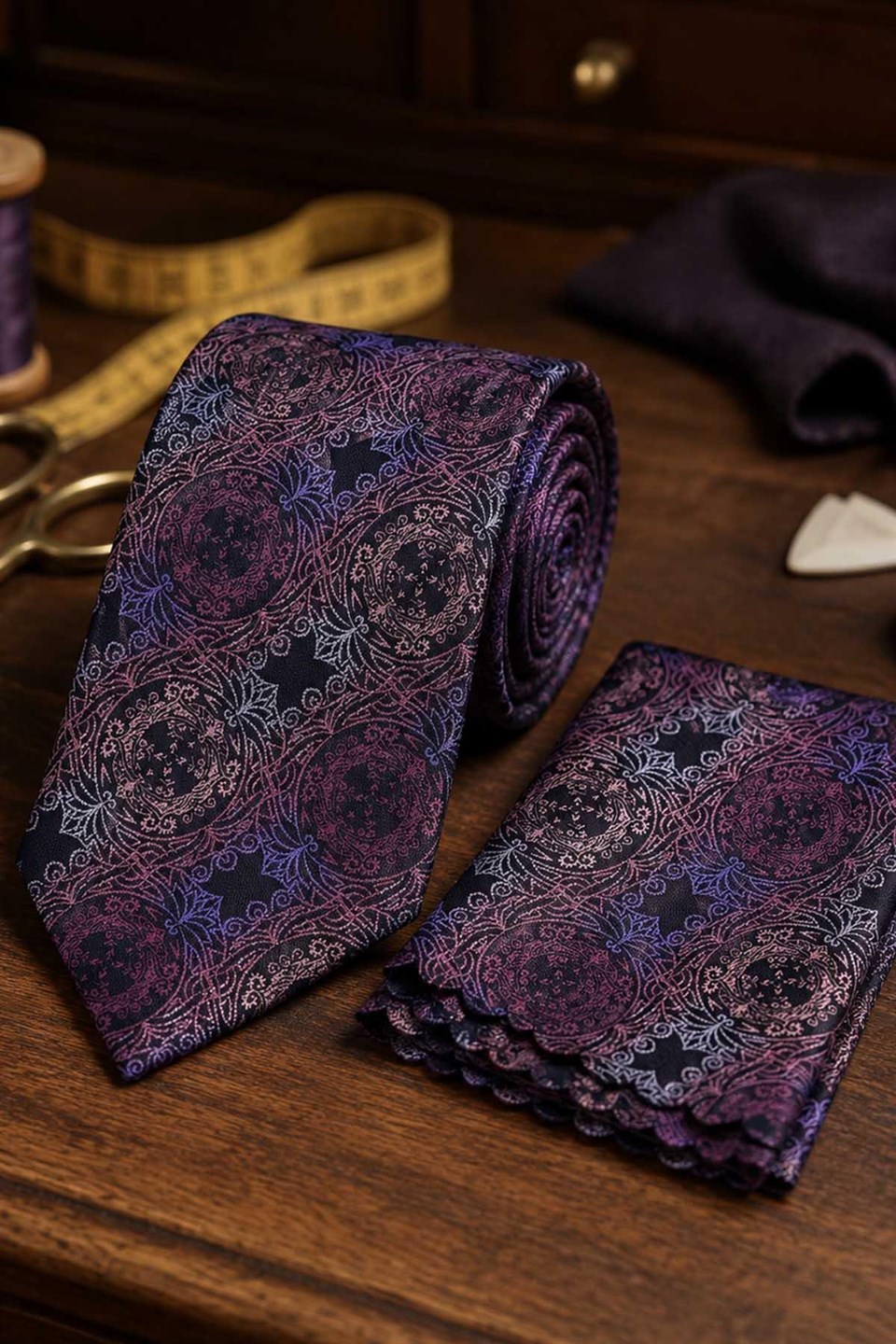 Mor Lila Motif Desen Mendilli Klasik Kravat KK13727
