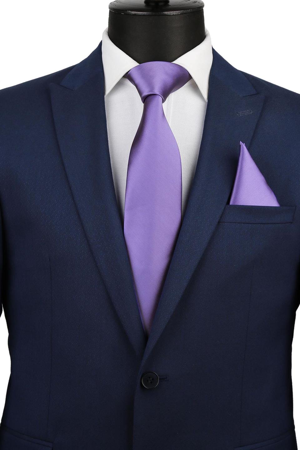 Mor Mendilli Düz Saten Kravat 1116