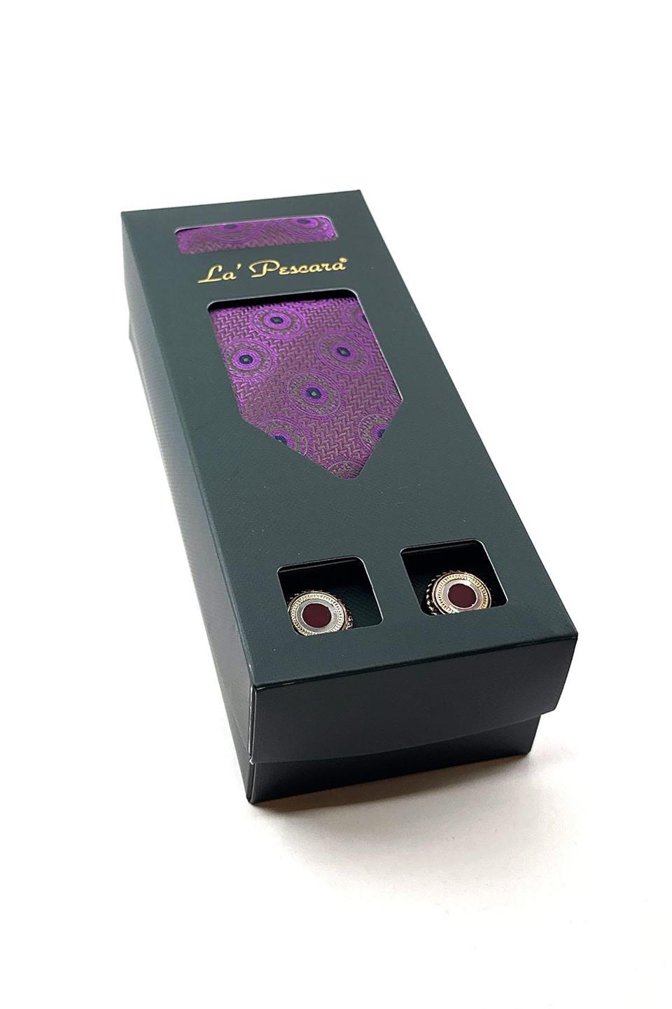 Mor Mendilli Kravat Bronz Kol Düğmesi Hediye Seti OS497