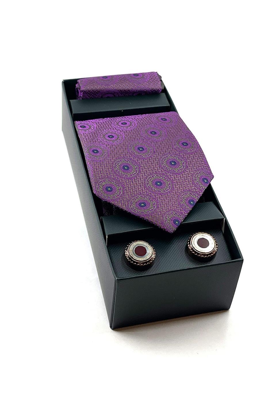 Mor Mendilli Kravat Bronz Kol Düğmesi Hediye Seti OS497