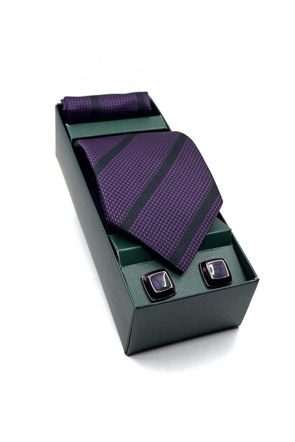 Mor Mendilli Kravat Mor Kol Düğmesi Hediye Seti OS562