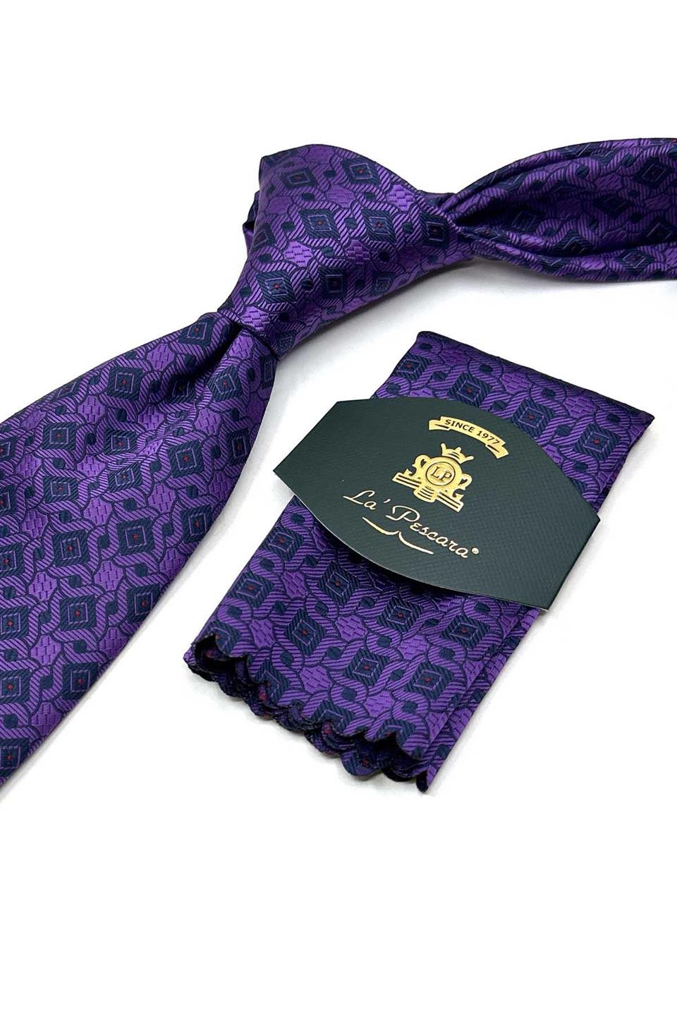 Mor Motif Desen Mendilli Klasik Kravat KK13441