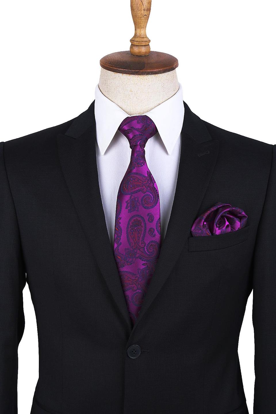 Mor Şal Desen Mendilli Klasik Kravat KK9874