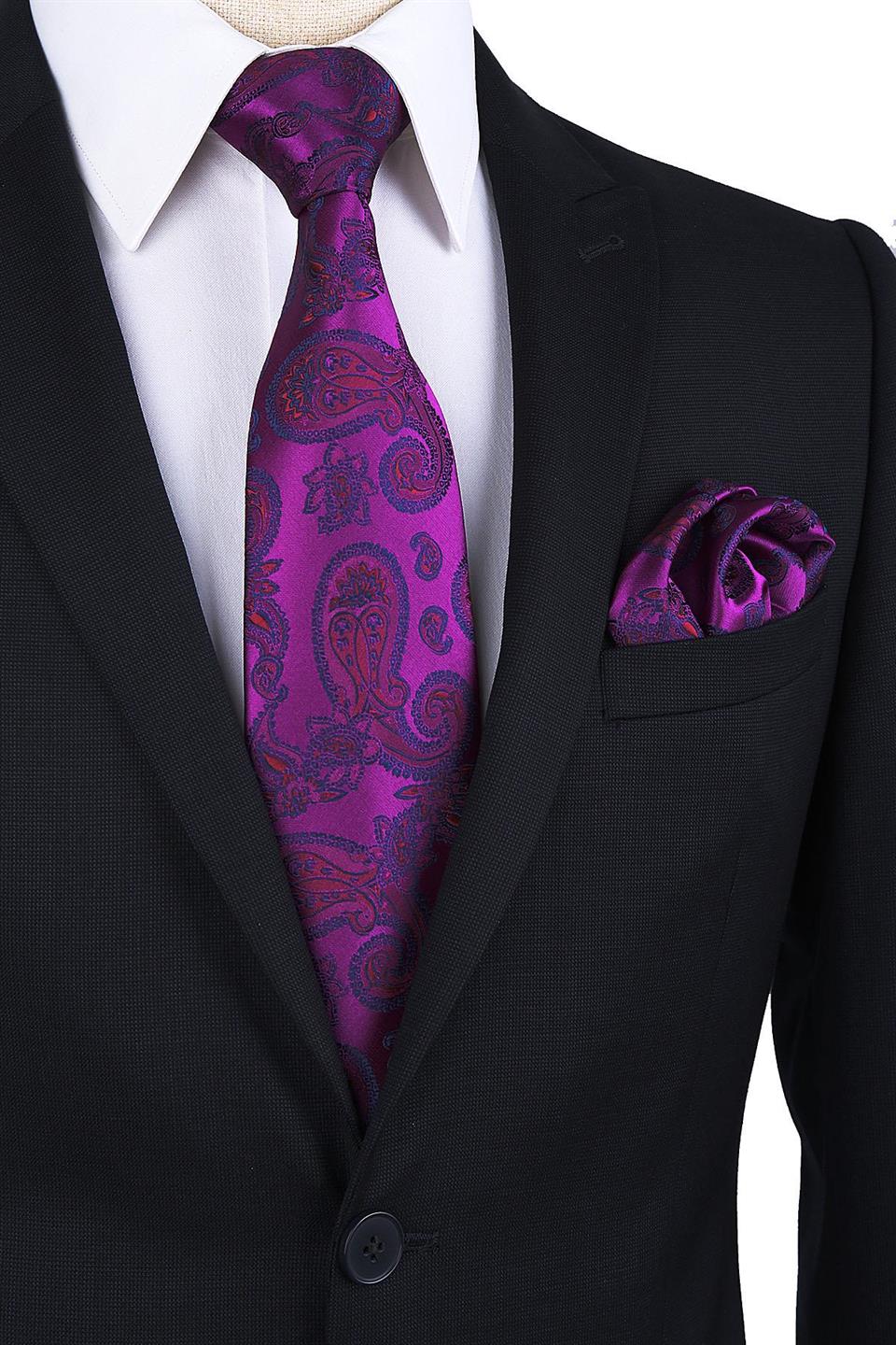 Mor Şal Desen Mendilli Klasik Kravat KK9874
