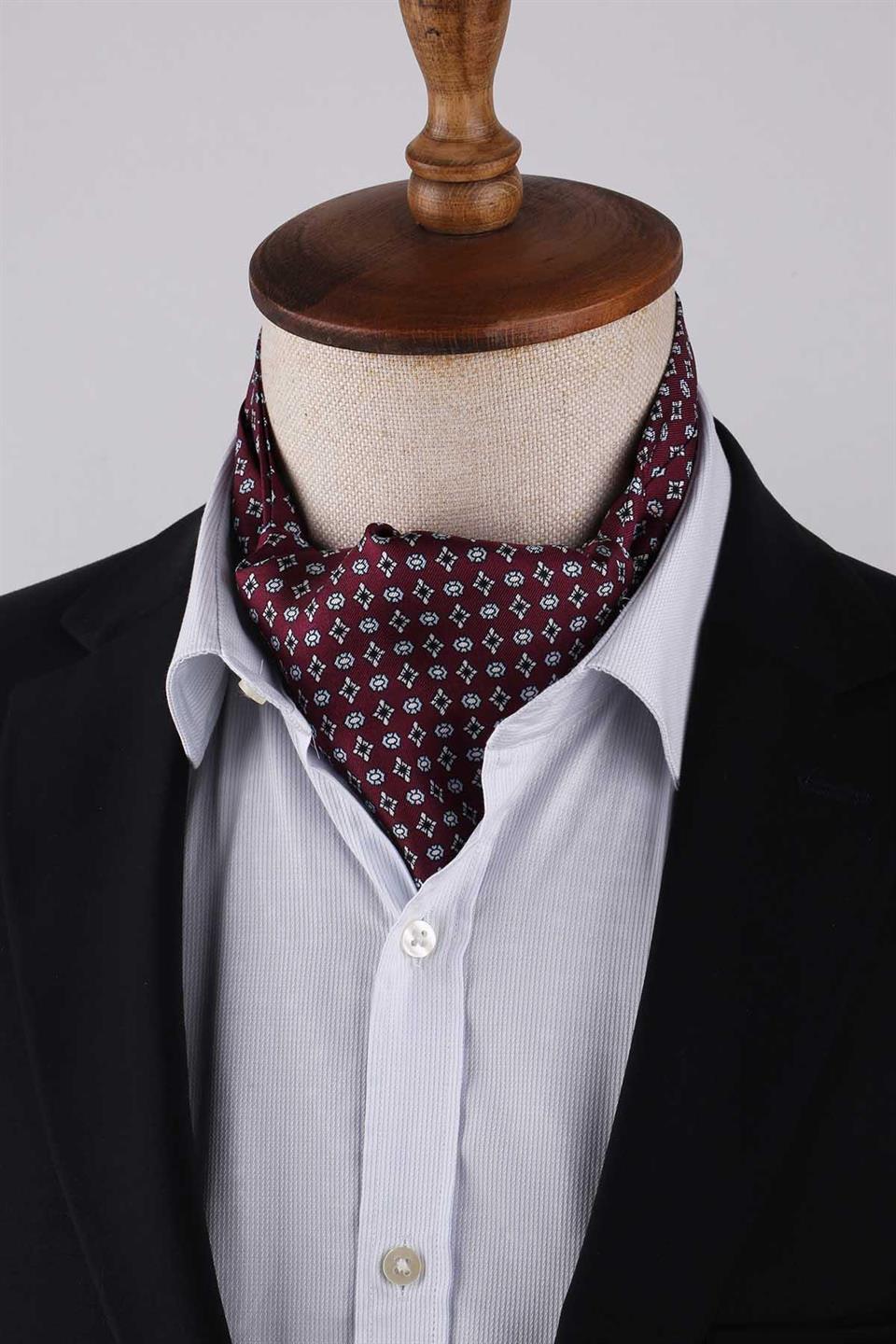 Motif Desen Bordo İtalyan İpek Ascot Kravat SAC24