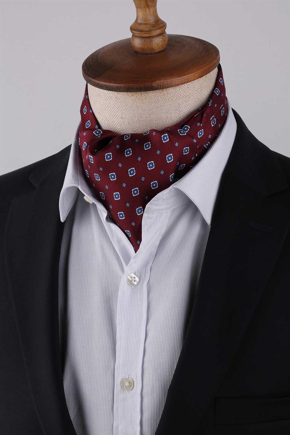 Motif Desen Bordo İtalyan İpek Ascot Kravat SAC34