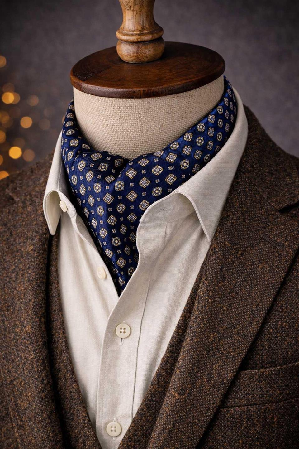 Motif Desen Lacivert İtalyan İpek Ascot Kravat SAC42
