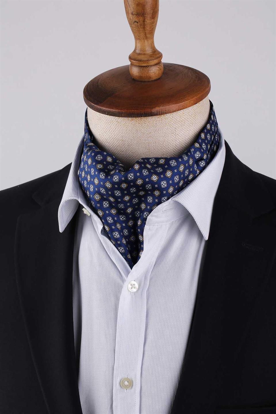 Motif Desen Lacivert İtalyan İpek Ascot Kravat SAC42