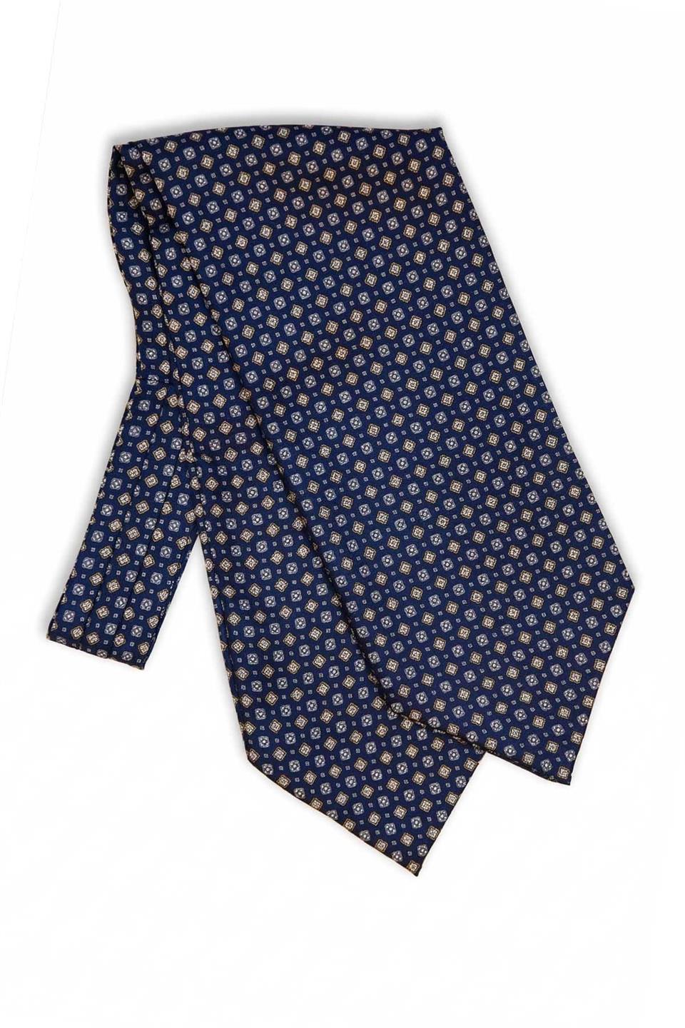 Motif Desen Lacivert İtalyan İpek Ascot Kravat SAC42