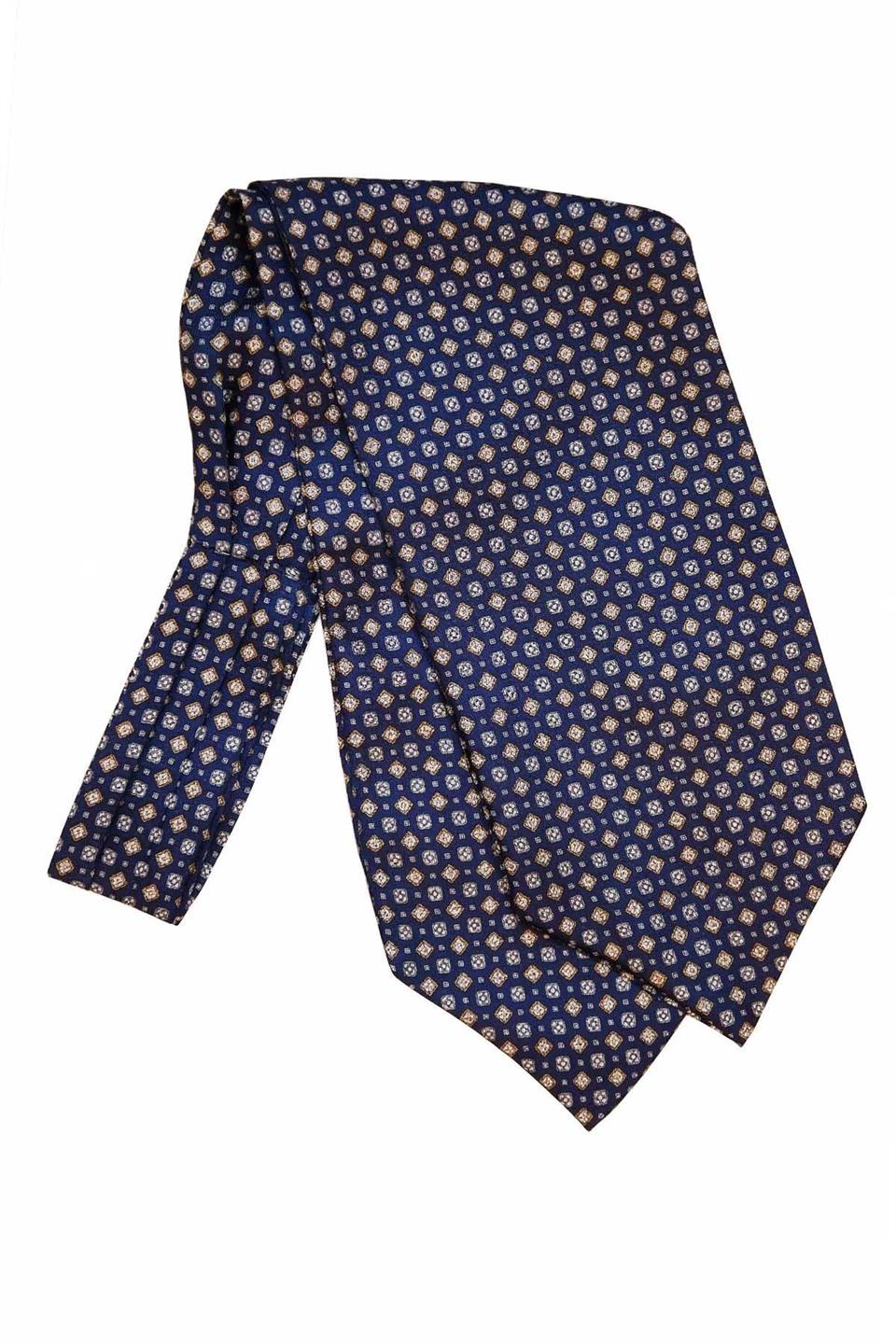 Motif Desen Lacivert İtalyan İpek Ascot Kravat SAC27