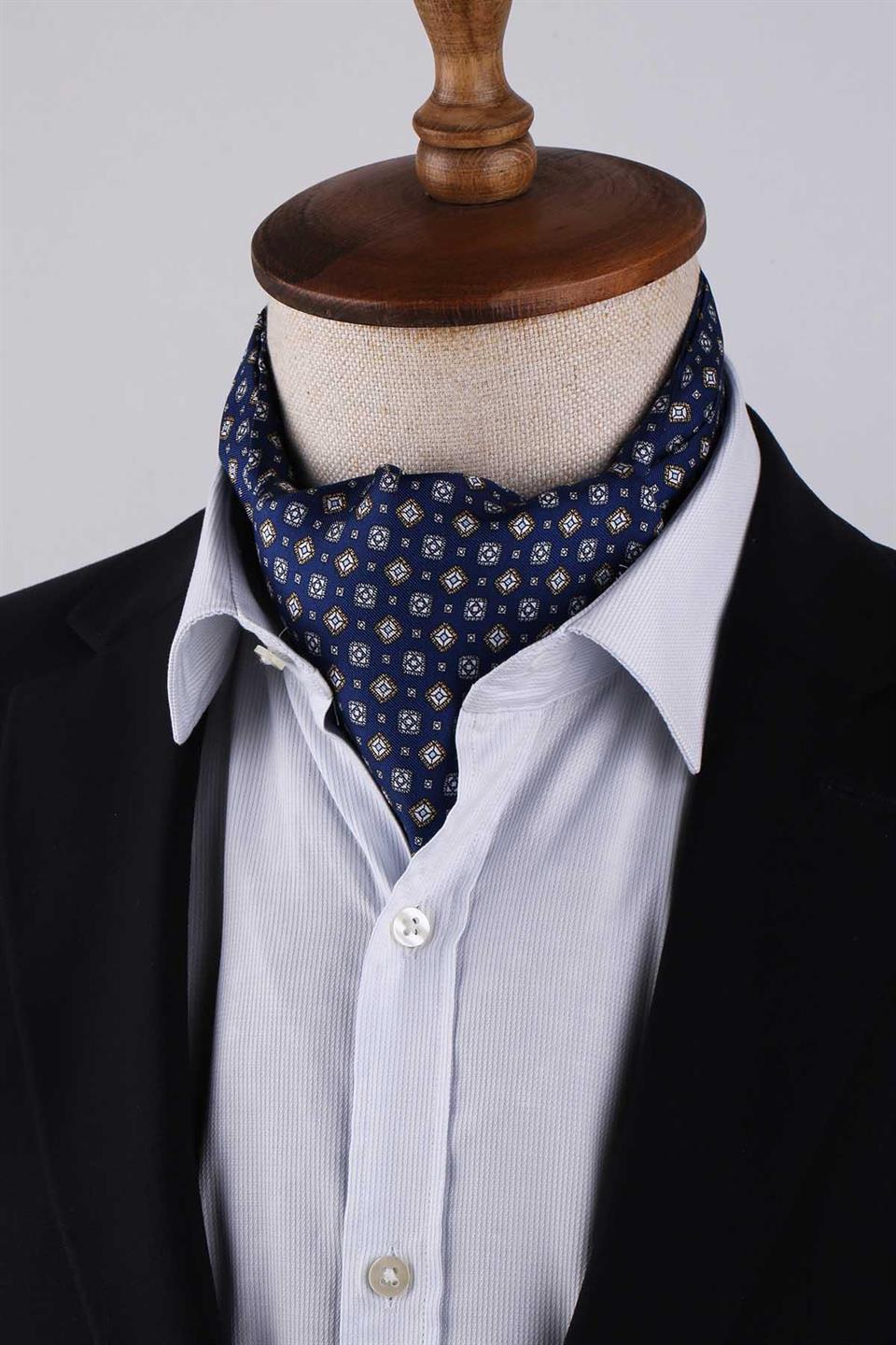 Motif Desen Lacivert İtalyan İpek Ascot Kravat SAC27