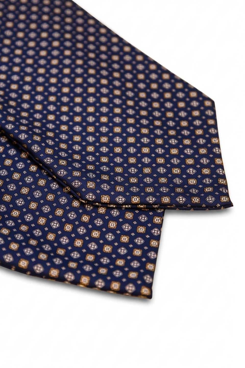 Motif Desen Lacivert İtalyan İpek Ascot Kravat SAC42