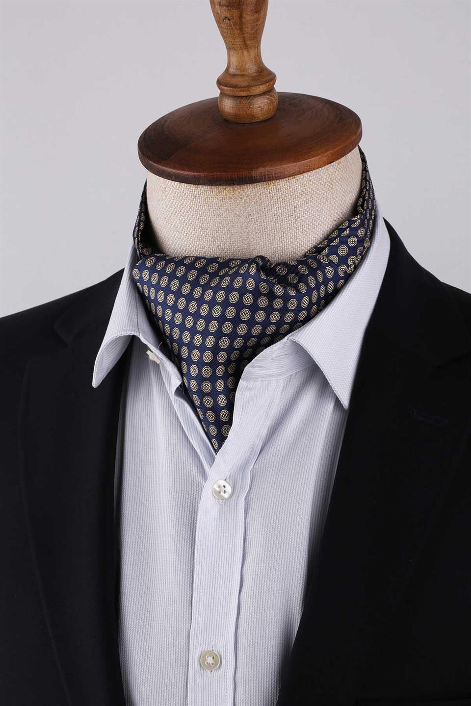 Motif Desen Lacivert İtalyan İpek Ascot Kravat SAC33