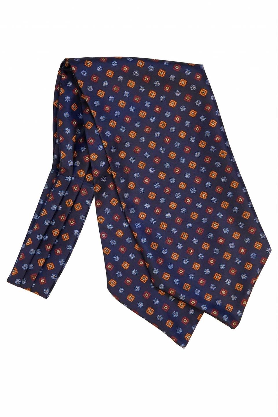 Motif Desen Lacivert İtalyan İpek Ascot Kravat SAC49