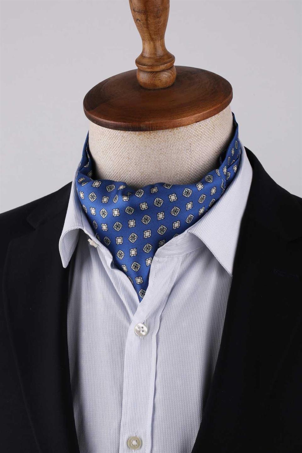 Motif Desen Mavi İtalyan İpek Ascot Kravat SAC63