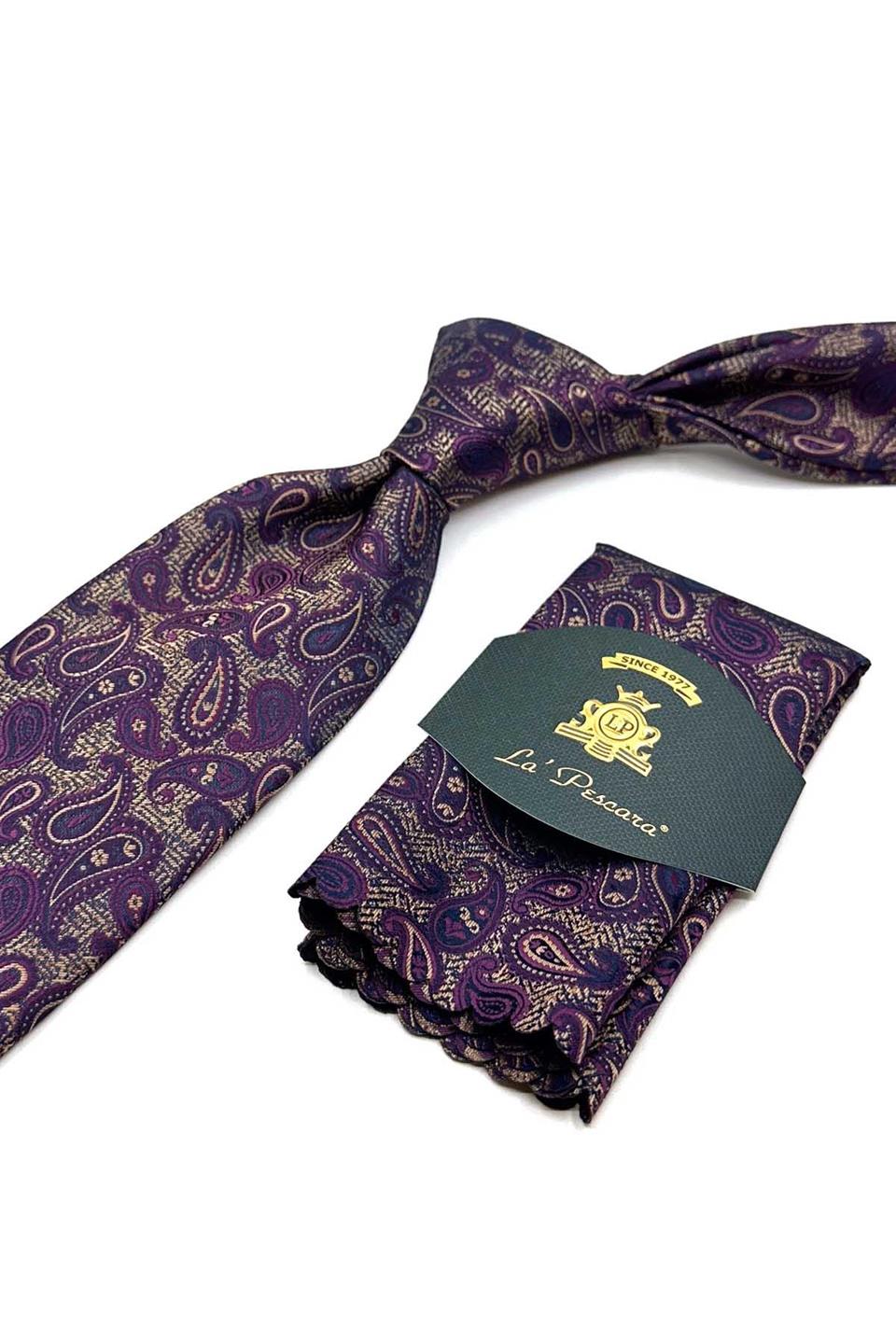 Mürdüm - Bej Şal Desen Mendilli Klasik Kravat KK12875