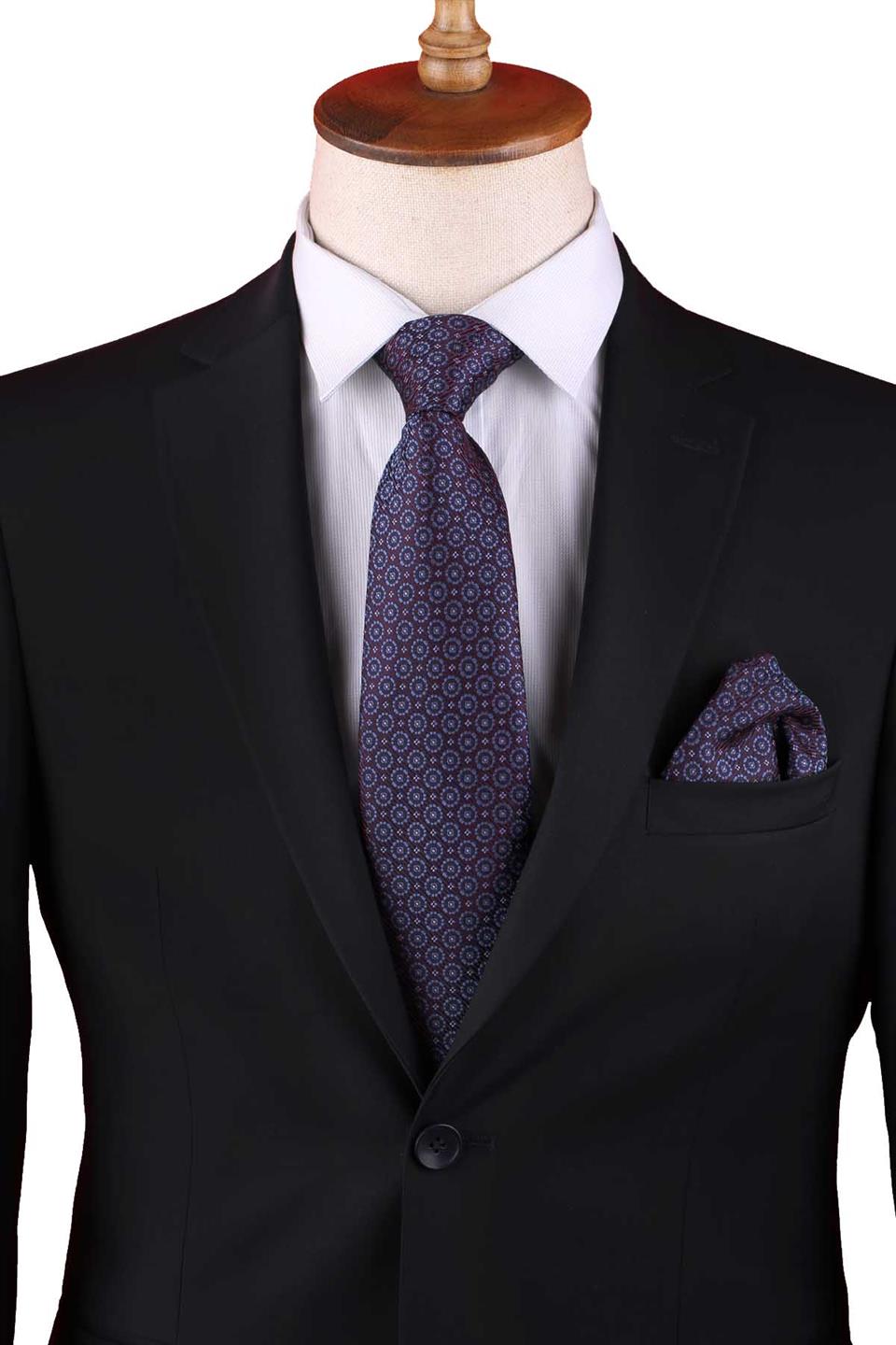 Mürdüm Çiçek Desen Mendilli Klasik Kravat KK13133