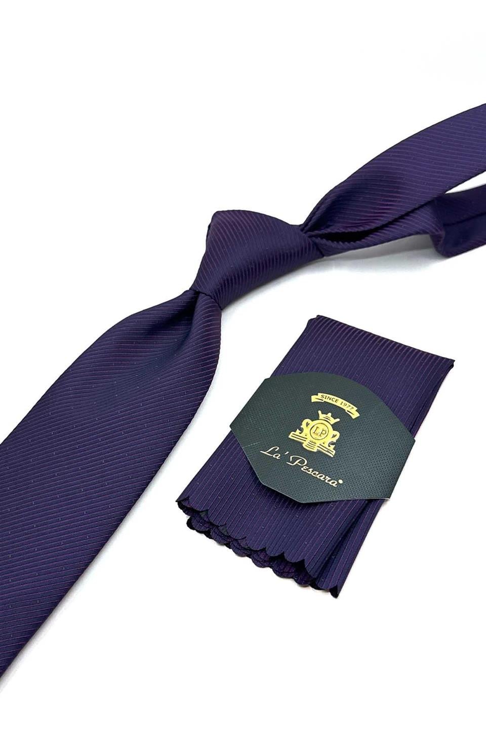 Mürdüm Çizgi Desen Mendilli Klasik Kravat KK13082