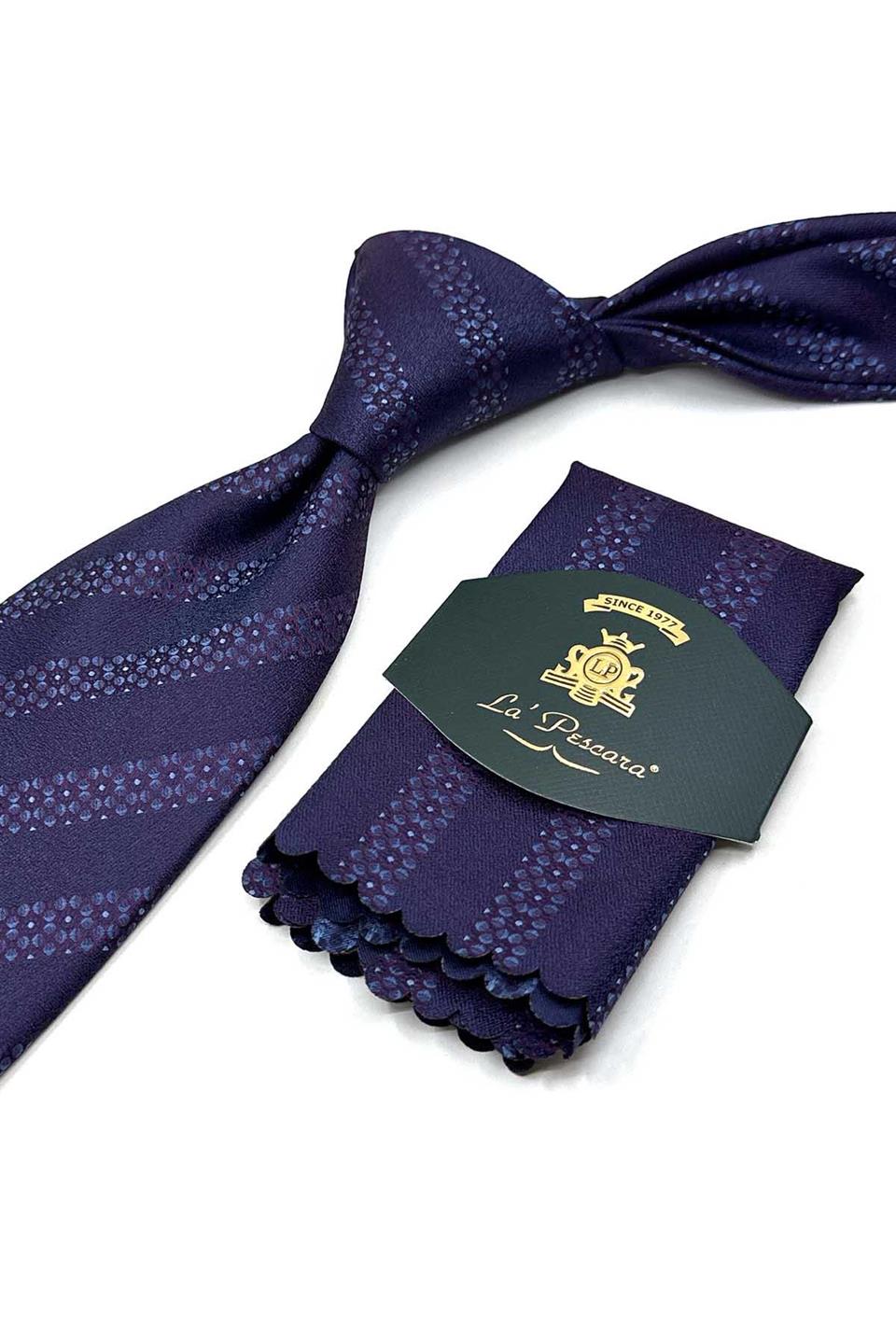 Mürdüm Çizgi Desen Mendilli Klasik Kravat KK13459