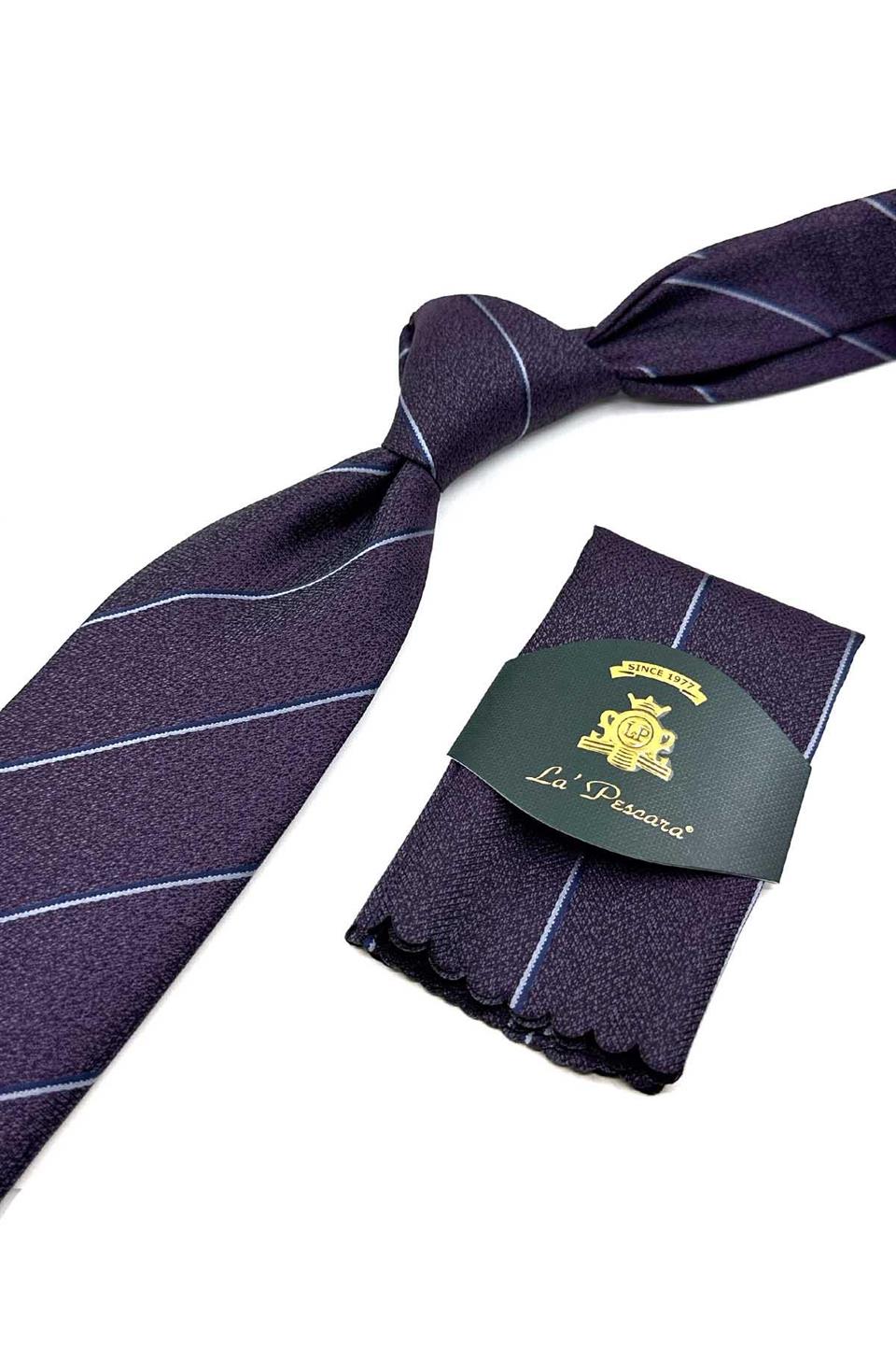 Mürdüm Çizgi Desen Mendilli Klasik Kravat KK12633