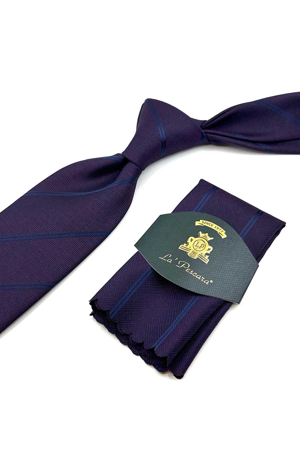 Mürdüm Çizgi Desen Mendilli Klasik Kravat KK12286