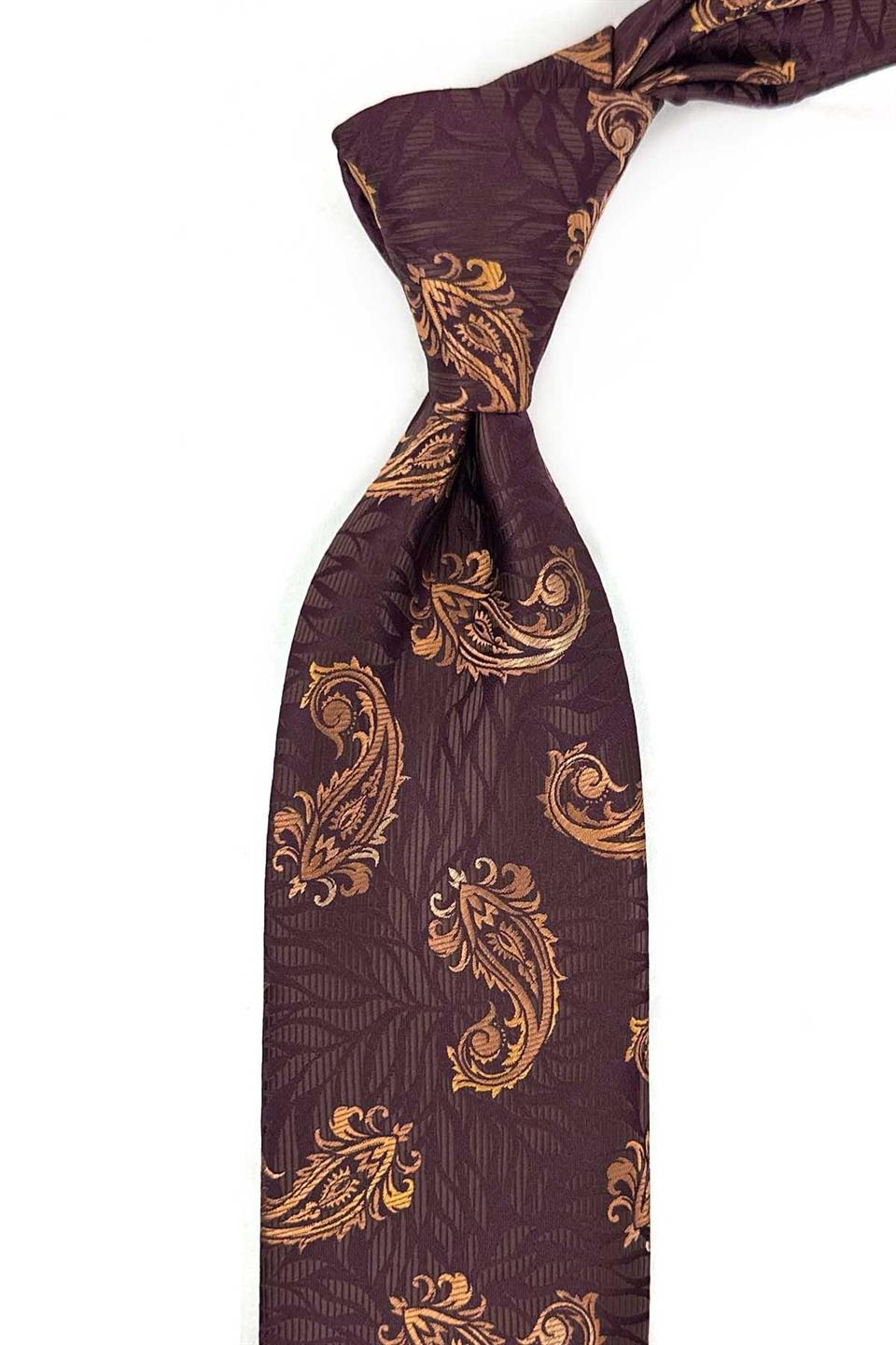 Mürdüm - Kahve Şal Desen Mendilli Klasik Kravat KK13305