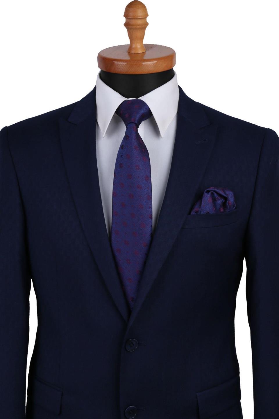 Mürdüm - Lacivert Çiçek Desen Mendilli Klasik Kravat KK9484