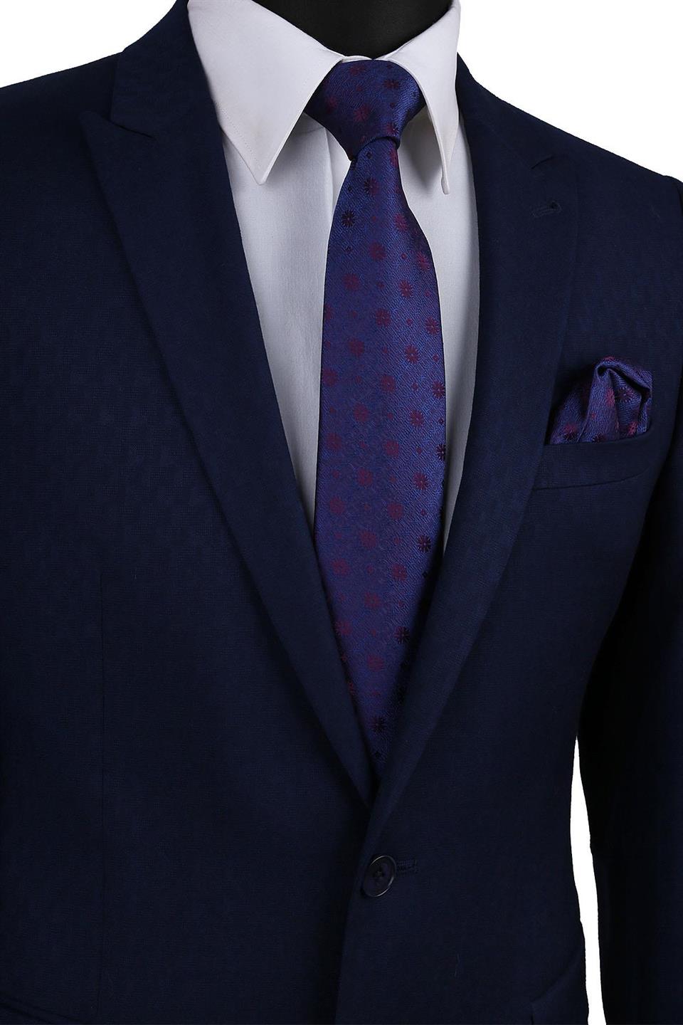 Mürdüm - Lacivert Çiçek Desen Mendilli Klasik Kravat KK9484