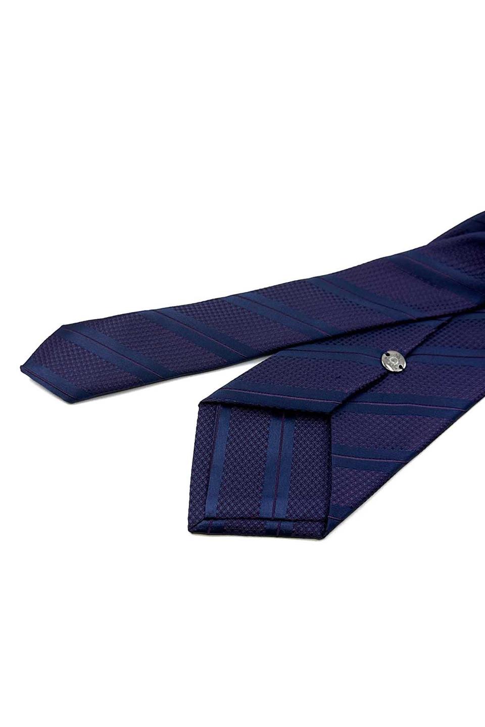 Mürdüm - Lacivert Çizgi Desen Mendilli Klasik Kravat KK12701