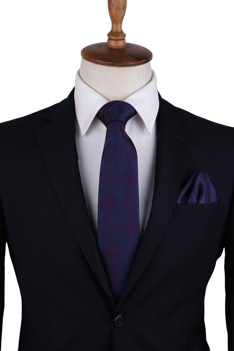 Mürdüm - Lacivert Ekose Desen Mendilli Klasik Kravat KK10455
