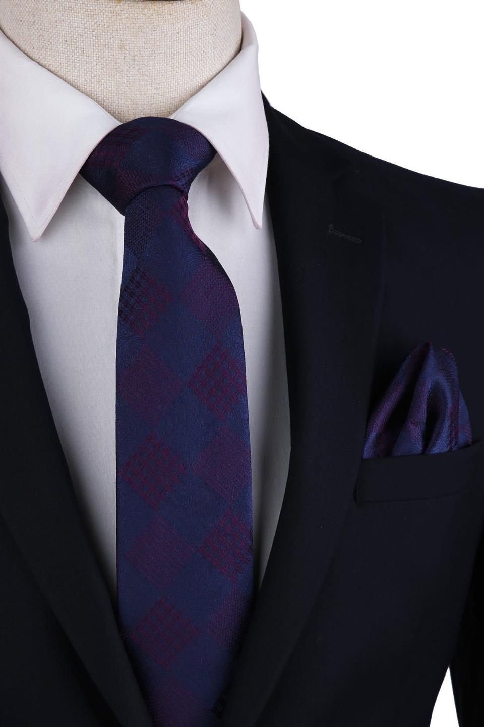Mürdüm - Lacivert Ekose Desen Mendilli Klasik Kravat KK10455