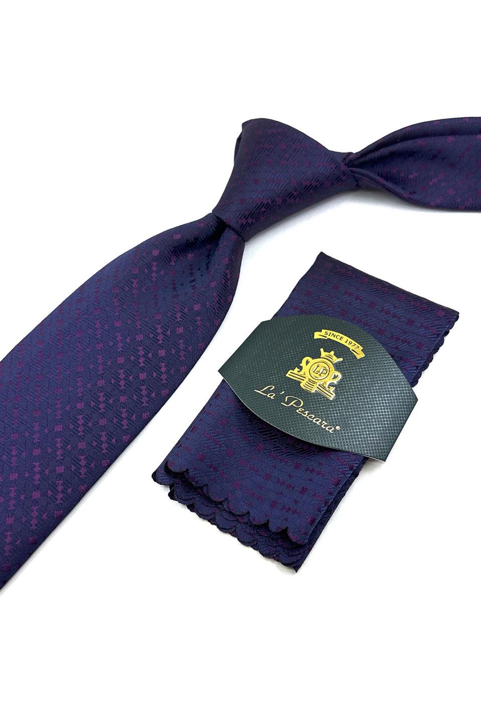 Mürdüm - Lacivert Motif Desen Mendilli Klasik Kravat KK12014