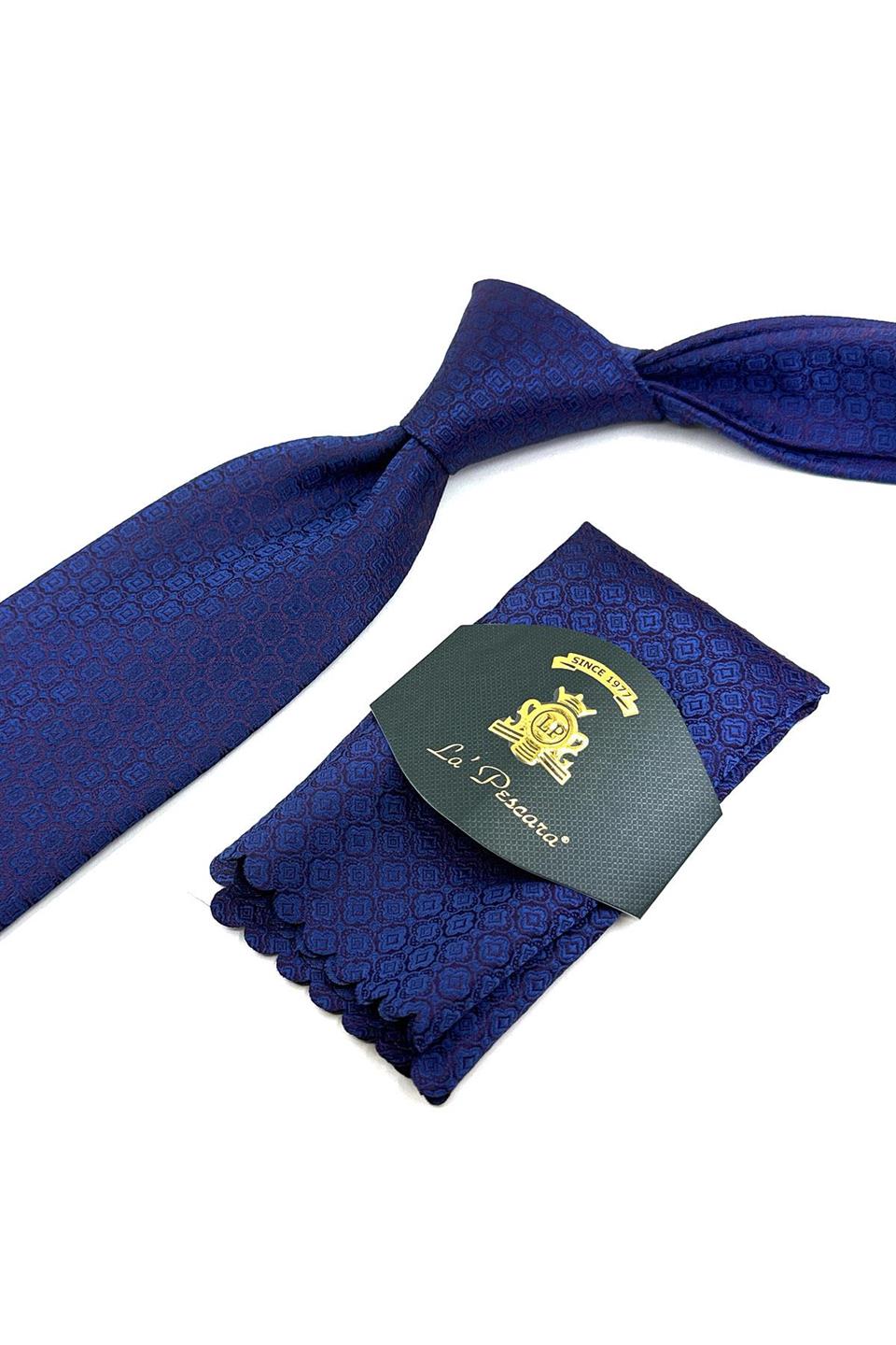 Mürdüm - Lacivert Motif Desen Mendilli Klasik Kravat KK11969