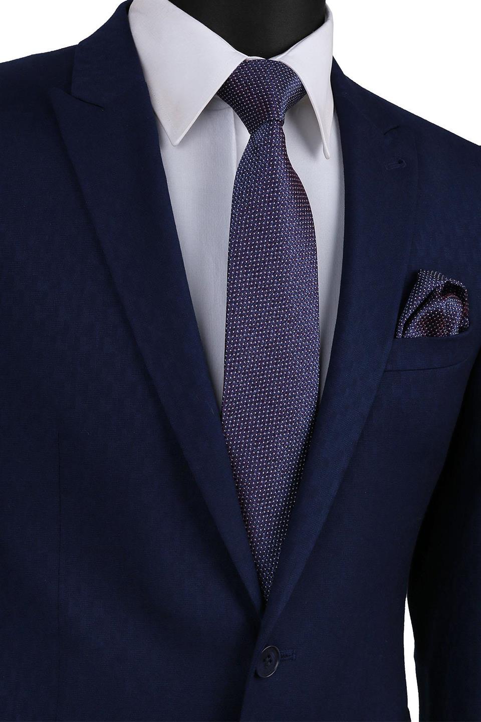 Mürdüm - Lacivert Nokta Desen Mendilli Klasik Kravat KK9662