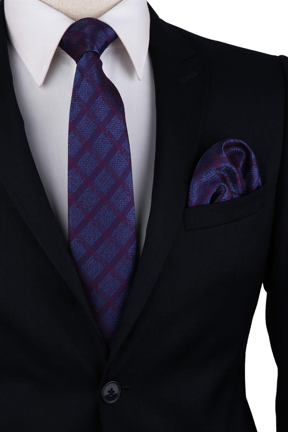 Mürdüm - Mavi Ekose Desen Mendilli Klasik Kravat KK10223