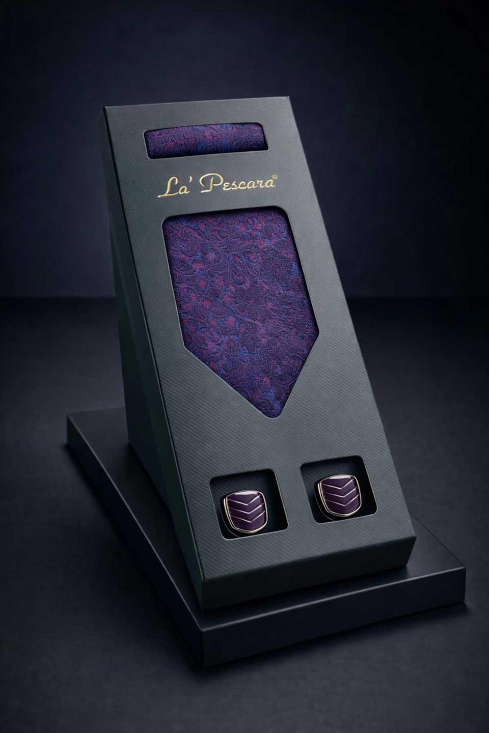 Mürdüm - Mavi Mendilli Klasik Kravat Kol Düğmesi Erkek Hediye Seti OS607