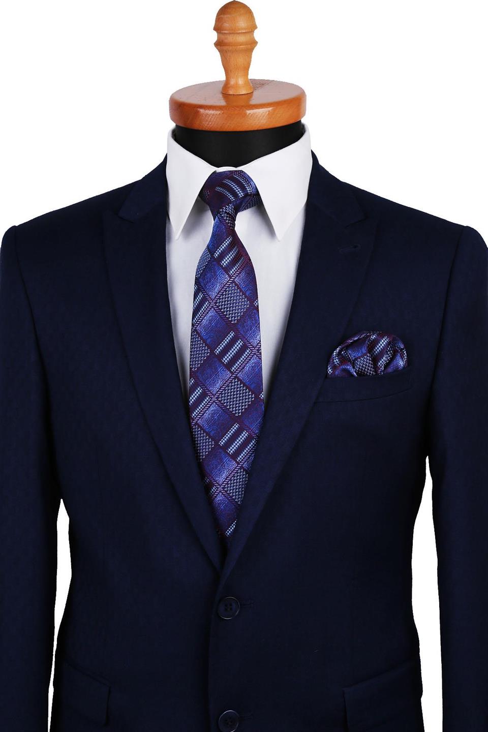 Mürdüm - Mavi Motif Desen Mendilli Klasik Kravat KK9792